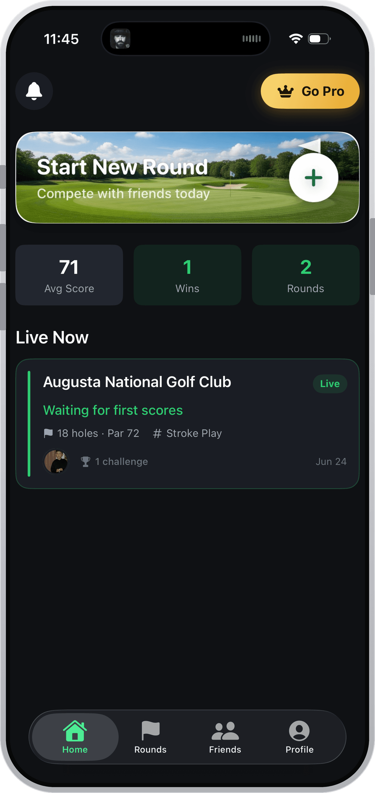 TeeUp home screen with live rounds and stats