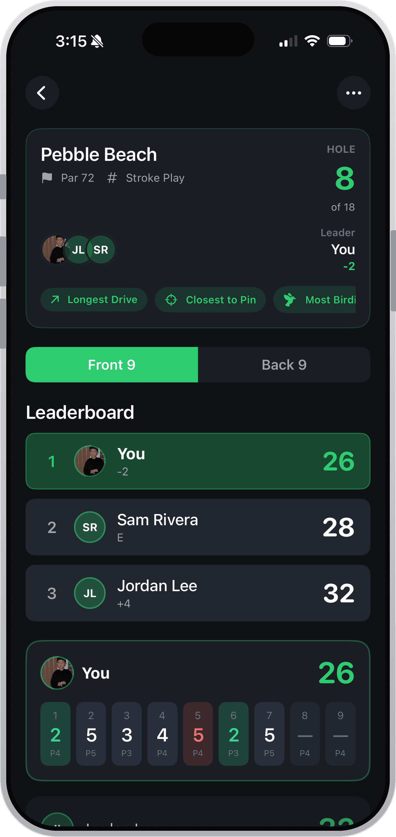 Live leaderboard and hole-by-hole scores
